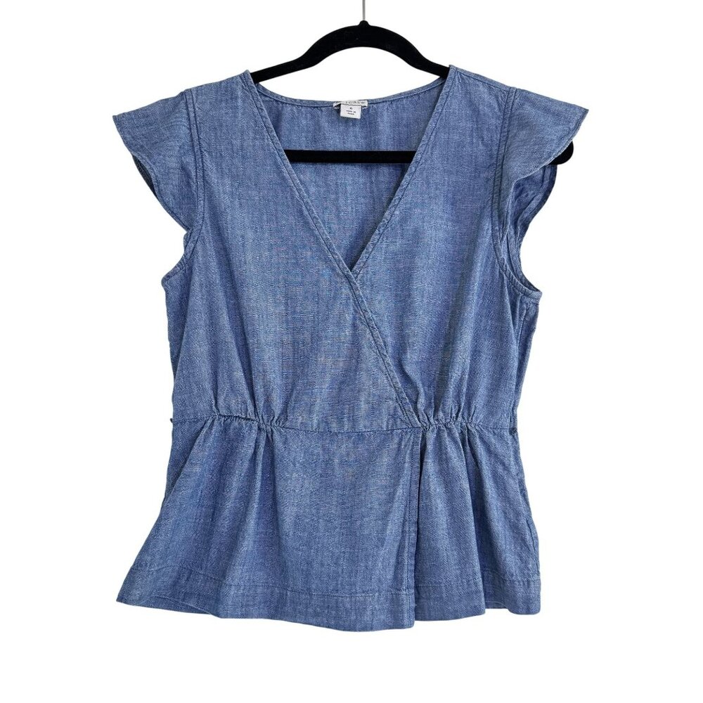 J. Crew Women's Flutter Sleeve Faux Wrap Chambray Blue Short Sleeve Top Size 6